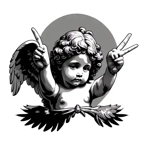 Cherub full body head to feat. holding up two peace signs tattoo design idea
