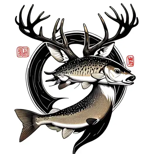 Japanese writing of Kintsugi with elements of hunting whit tail deer and fishing rainbow trout  tattoo design idea