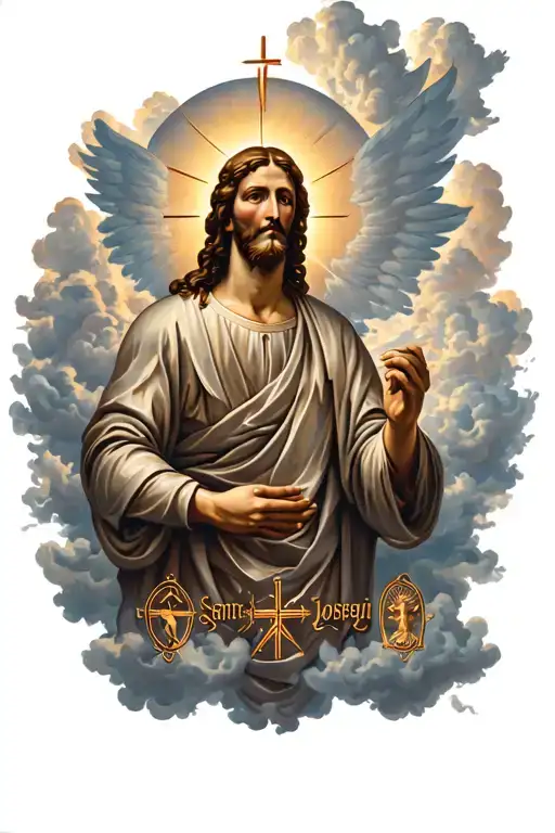 Saint Joseph surrounded by heavenly clouds and symbols of humility, loyalty, and respect tattoo design idea