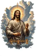 Saint Joseph surrounded by heavenly clouds and symbols of humility, loyalty, and respect tattoo design idea