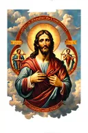 Saint Joseph surrounded by heavenly clouds and symbols of humility, loyalty, and respect tattoo design idea