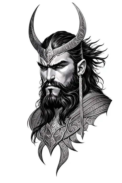 Highly detailed black and grey tattoo of Loki from Norse mythology with a mysterious, cunning expression. Loki is depict tattoo design idea