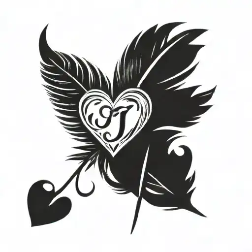love heart and feather with initials J C A simple delicate tattoo design idea