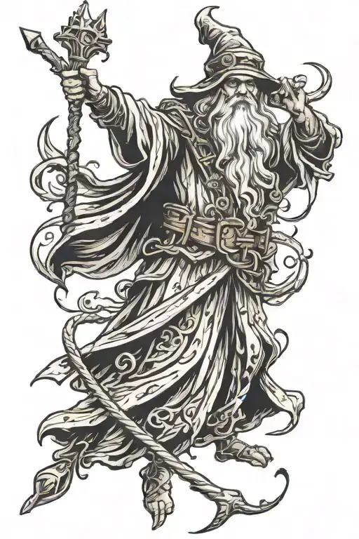 medieval wizard with large staff casting a spell skyward tattoo design idea