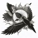 The sun surrounded by a swallow, a bluejay, a robin, a magpie and a crow  tattoo design idea