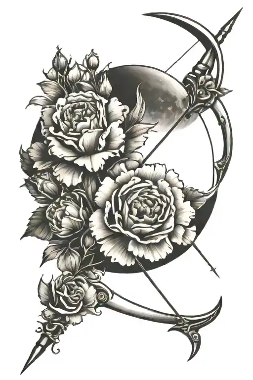 bow and arrow design with carnations on the bow and a crescent waxing moon  tattoo design idea