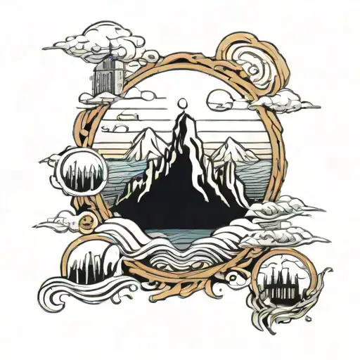 Rocky Mountains, Waves, Lakes, and New York City skyline tattoo design idea