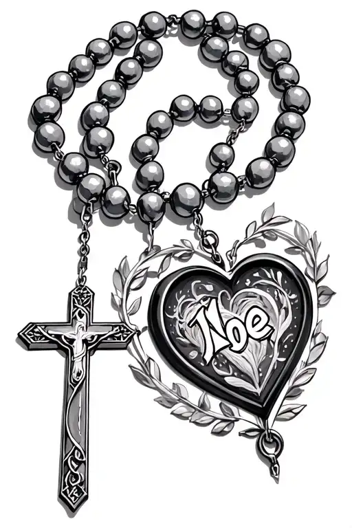 rosary necklace with 5 large beads going down the middle. Then add a heart with the words Noe inside.  tattoo design idea