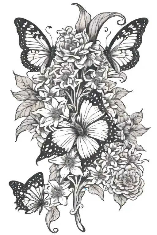 chrysanthemum flower, morning glory flower, forget me not flower, moon and stars, butterfly and trebel cleft  tattoo design idea