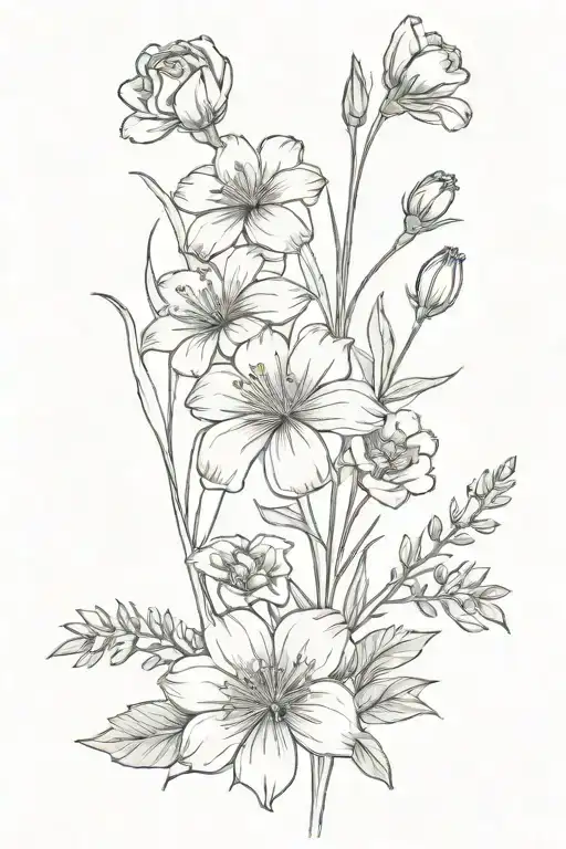 A small dainty bouquet of flowers with the birth flowers marigold, cosmo, daffodil, violet and rose tattoo design idea