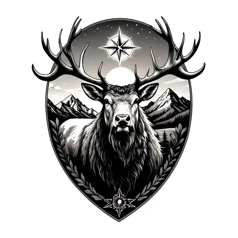 elk with compass and mountains incorporate god tattoo design idea