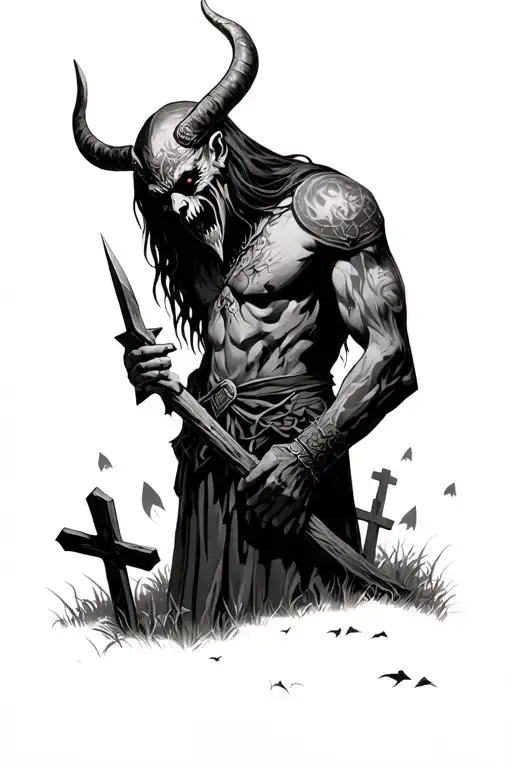 demonic forbidden longing love in viking concept in a graveyard at dusk tattoo design idea
