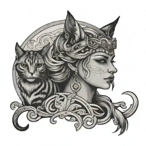 minimalistic goddess Freya with cats tattoo design idea
