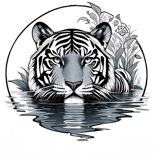 tiger and water with mandala design black and white tattoo design idea