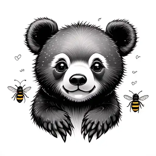 Baby bear, sunshine, and honey bee tattoo design idea