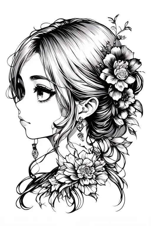 black anime girl side profile traditional lady head tattoo design idea