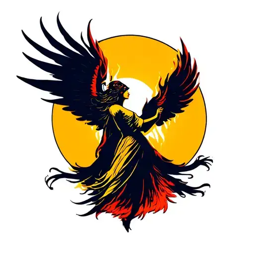 flaming rising phoenix with woman shadow in the middle like a goddess rasing arms like wings and Sun behind the phoenix tattoo design idea