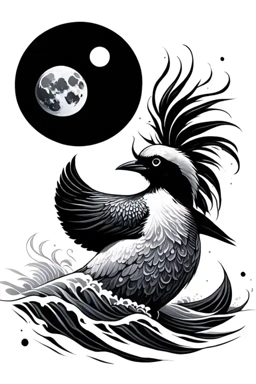 waves, australian bird, mauri, moon, sun tattoo design idea