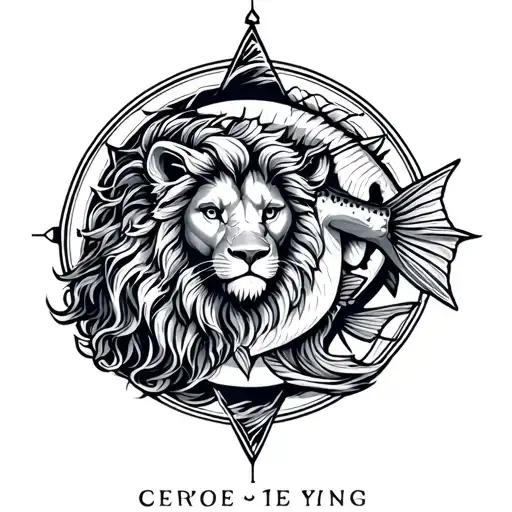 Brand tattoo with fish, lion. Libra and Aries tattoo design idea