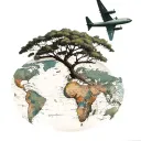 old boab tree,  world map and plane flying tattoo design idea