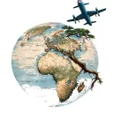 old boab tree,  world map and plane flying tattoo design idea