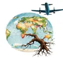 old boab tree,  world map and plane flying tattoo design idea