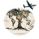 old boab tree,  world map and plane flying tattoo design idea