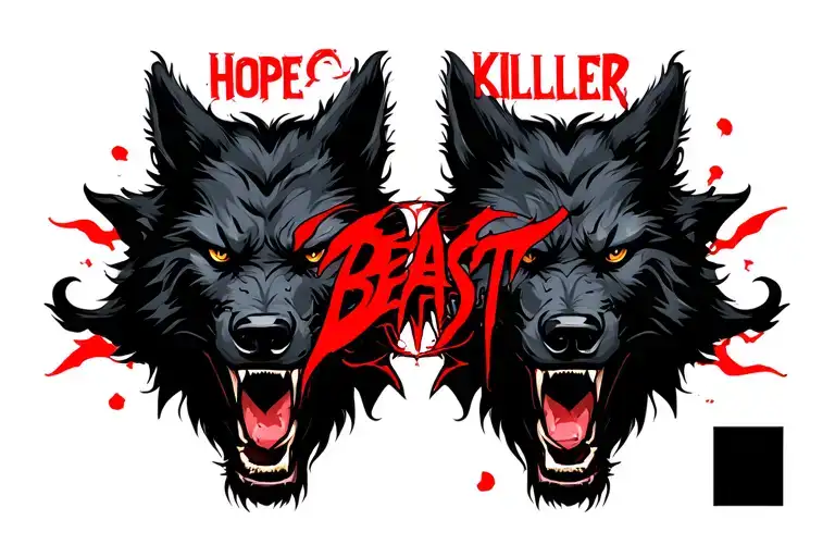 one centered black werewolf head with "HOPE KILLER" written above it in red and the word "BEAST" written below it tattoo design idea