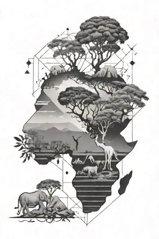 geometric design incorporating elements of nature and the africa continent tattoo design idea