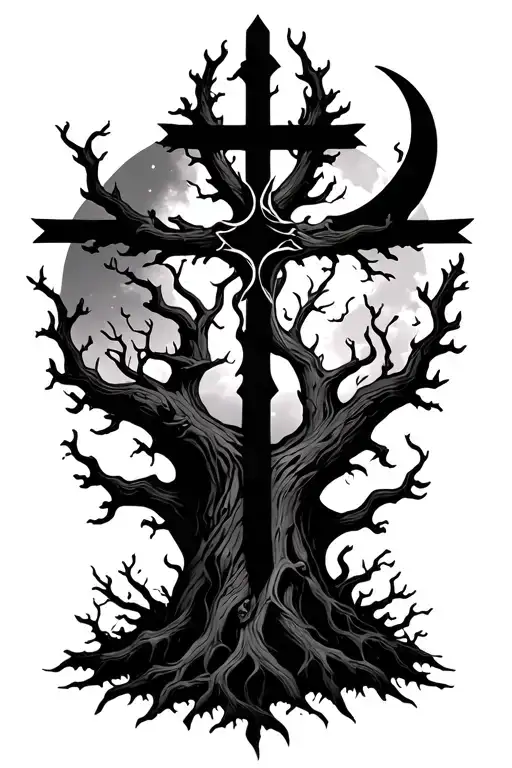 gothic forest, cross, and crescent moon tattoo design idea