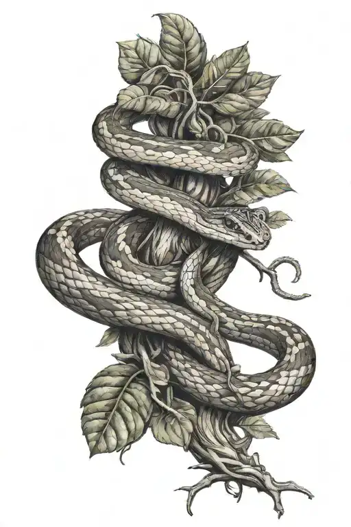 SNAKE ENTWINED WITH A COCOA TREE BRANCH tattoo design idea