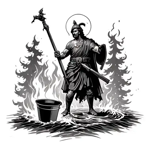 saint florian putting out forest fire with bucket of water tattoo design idea