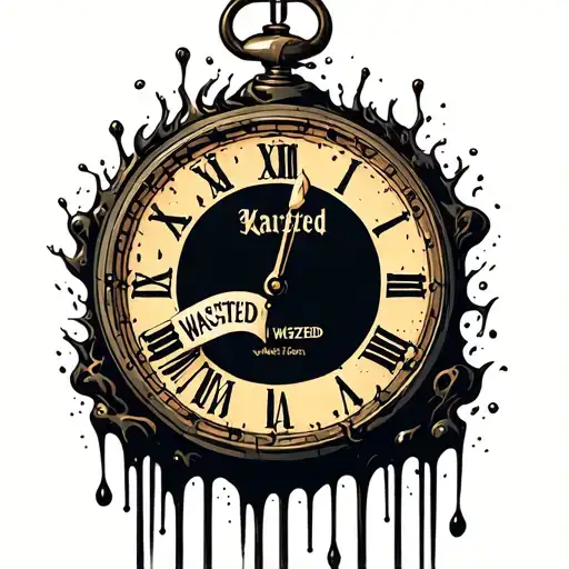 clock melting with prison bars , saying time wasted in a banner tattoo design idea