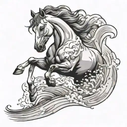 horse running in a wave crashing tattoo design idea