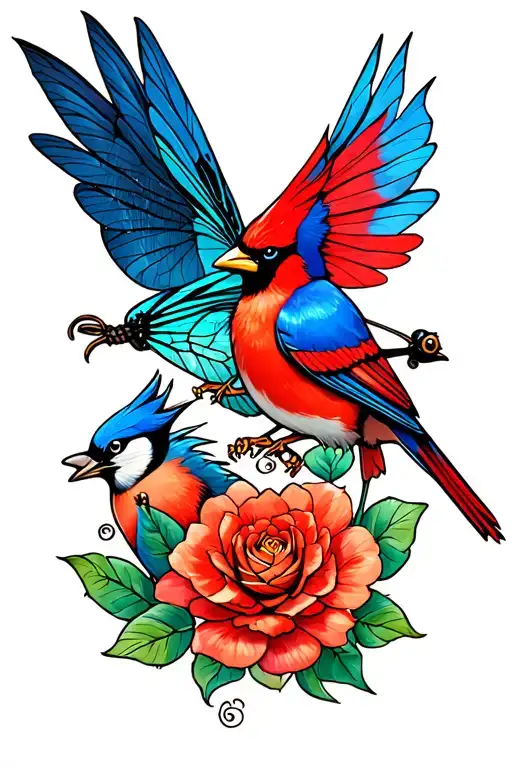 Cardinal and blue jay and dragon fly tattoo design idea