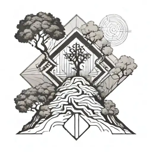 tree on a hill next to a cross tattoo design idea