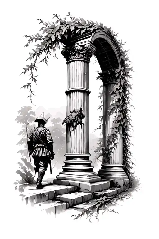 Roman pillar archway wrapped in vines with soldier stepping through tattoo design idea