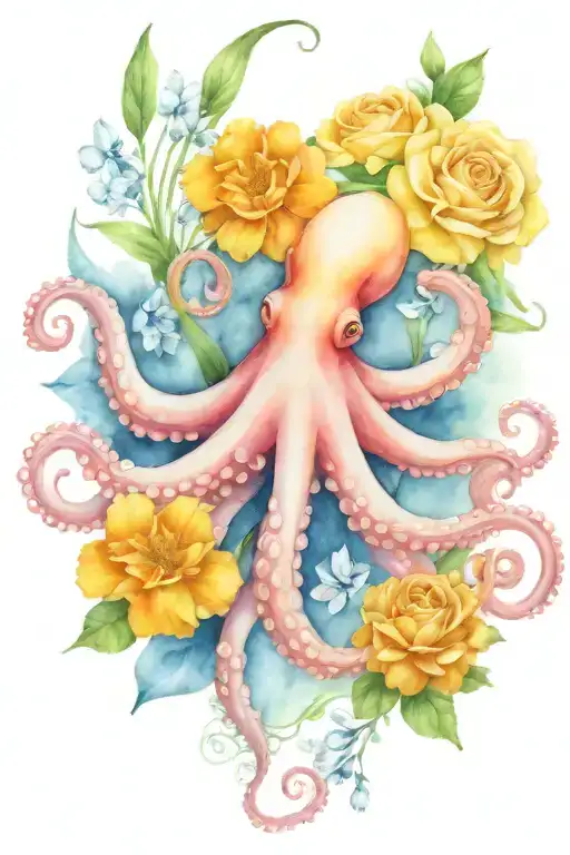 octopus, snowdrop, rose,  marigold flower tattoo design idea