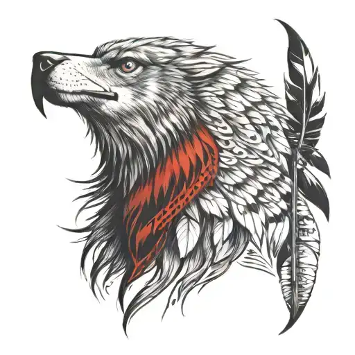 wolf looking forward with red tale hawk soaring eagle carrying beaded eagle feathers tattoo design idea