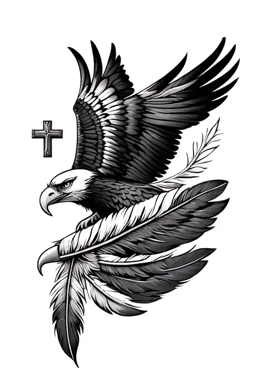 Christian element with eagle feathers with Native American elemnts tattoo design idea