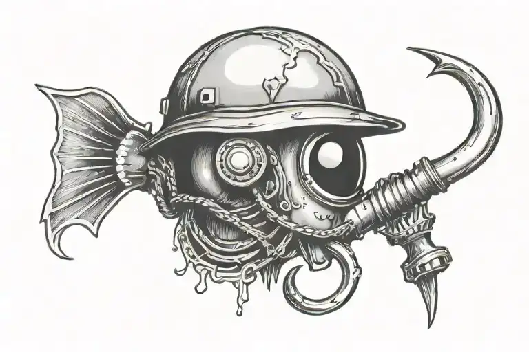 semi colon, fishing hook, army helmet tattoo design idea