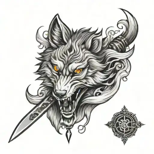 grey wolf oriental japanese dagger tattoo design idea