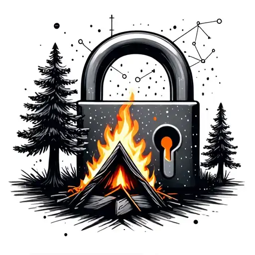 campfire under a digital constellation shaped like a padlock Beside the fire, a tiny tent and pine tree binary line tattoo design idea
