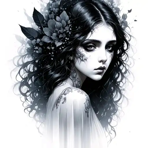 A solemn, mysterious feminine figure, encompassing fog of forgotten places and memories. She embodies sorrow, stillness, tattoo design idea