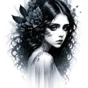 A solemn, mysterious feminine figure, encompassing fog of forgotten places and memories. She embodies sorrow, stillness, tattoo design idea