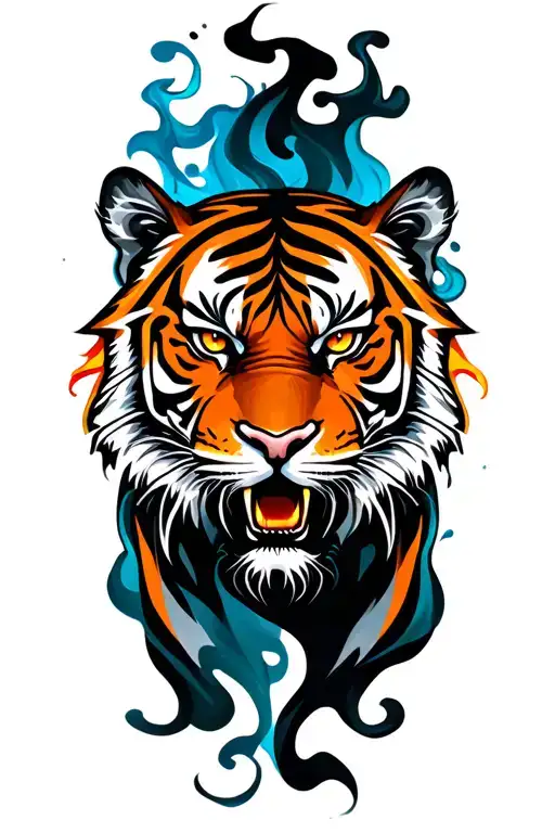 Tiger front facing made of smoke and flames tattoo design idea
