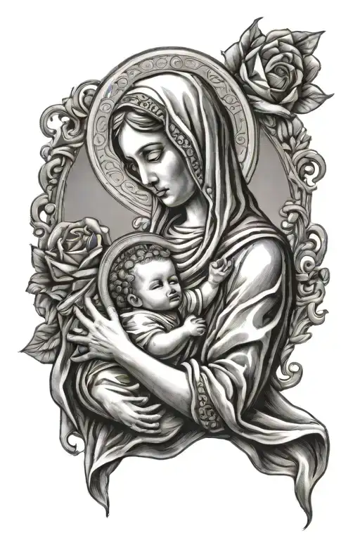 virgin mary holding baby jesus tattoo design idea