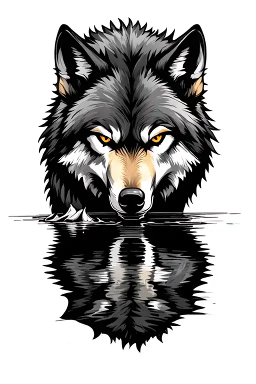 wolf with his angry reflection i the river tattoo design idea