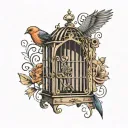a birdcage with it's door open partially covered with an overcoat  tattoo design idea