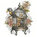 a birdcage with it's door open partially covered with an overcoat  tattoo design idea